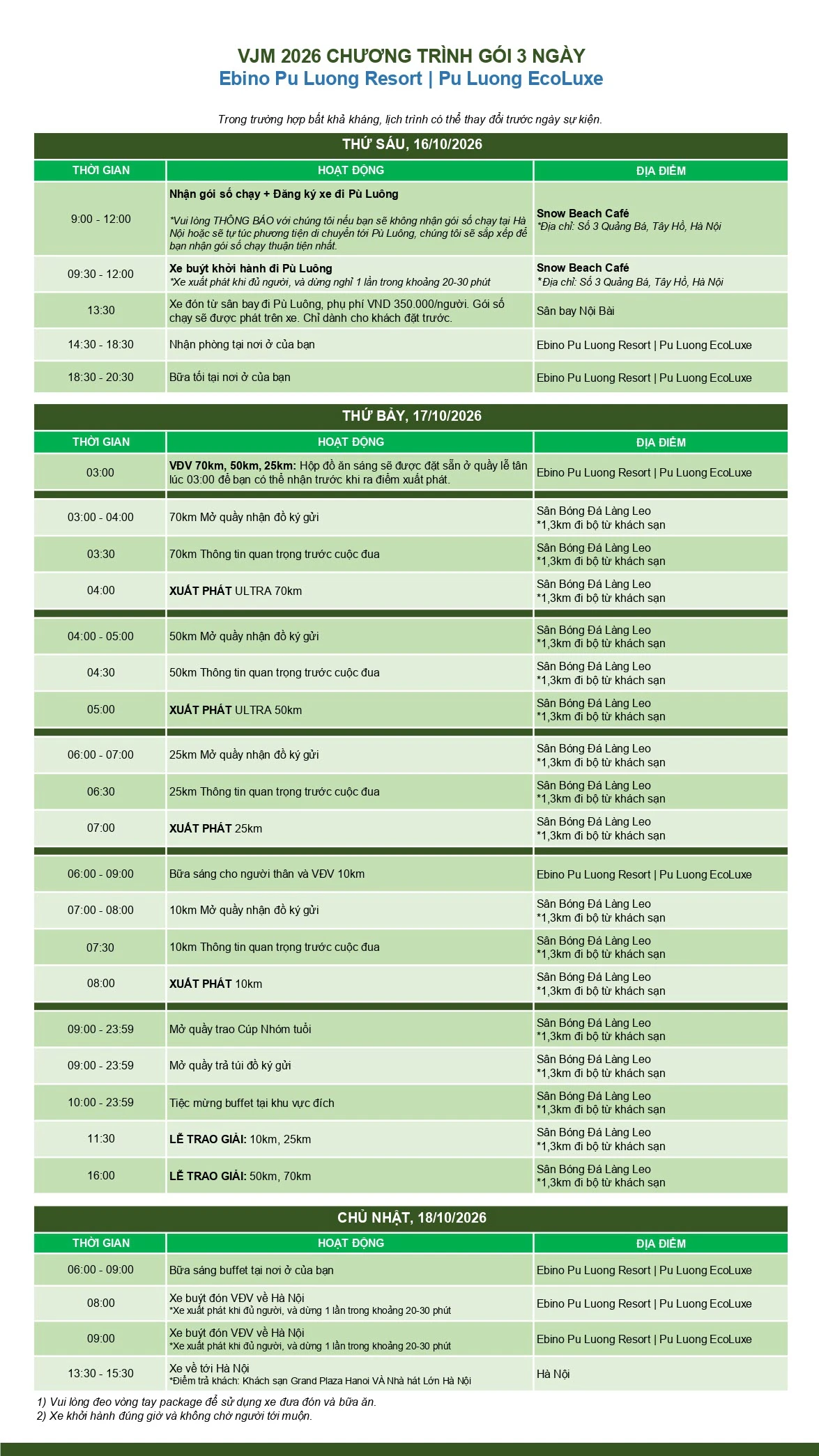 Lịch trình sự kiện Vietnam Jungle Marathon 2026