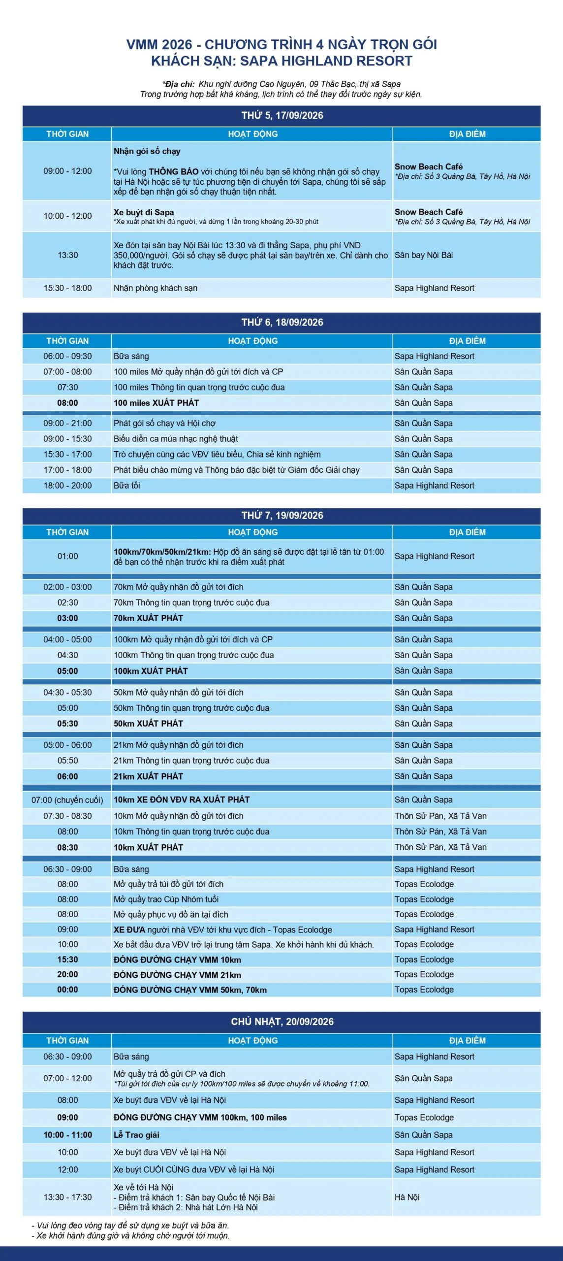 Lịch trình sự kiện Vietnam Mountain Marathon 2026