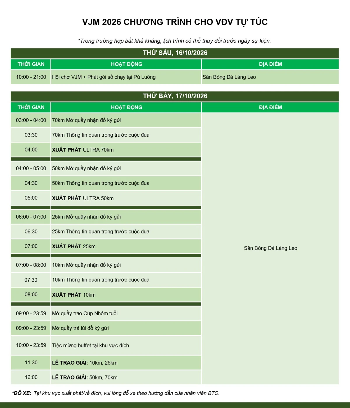 Lịch trình sự kiện Vietnam Jungle Marathon 2026