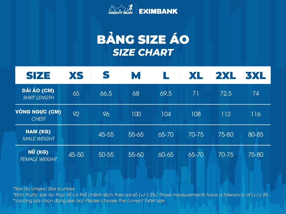 Thông tin size áo Ho Chi Minh City Night Run Eximbank 2025
