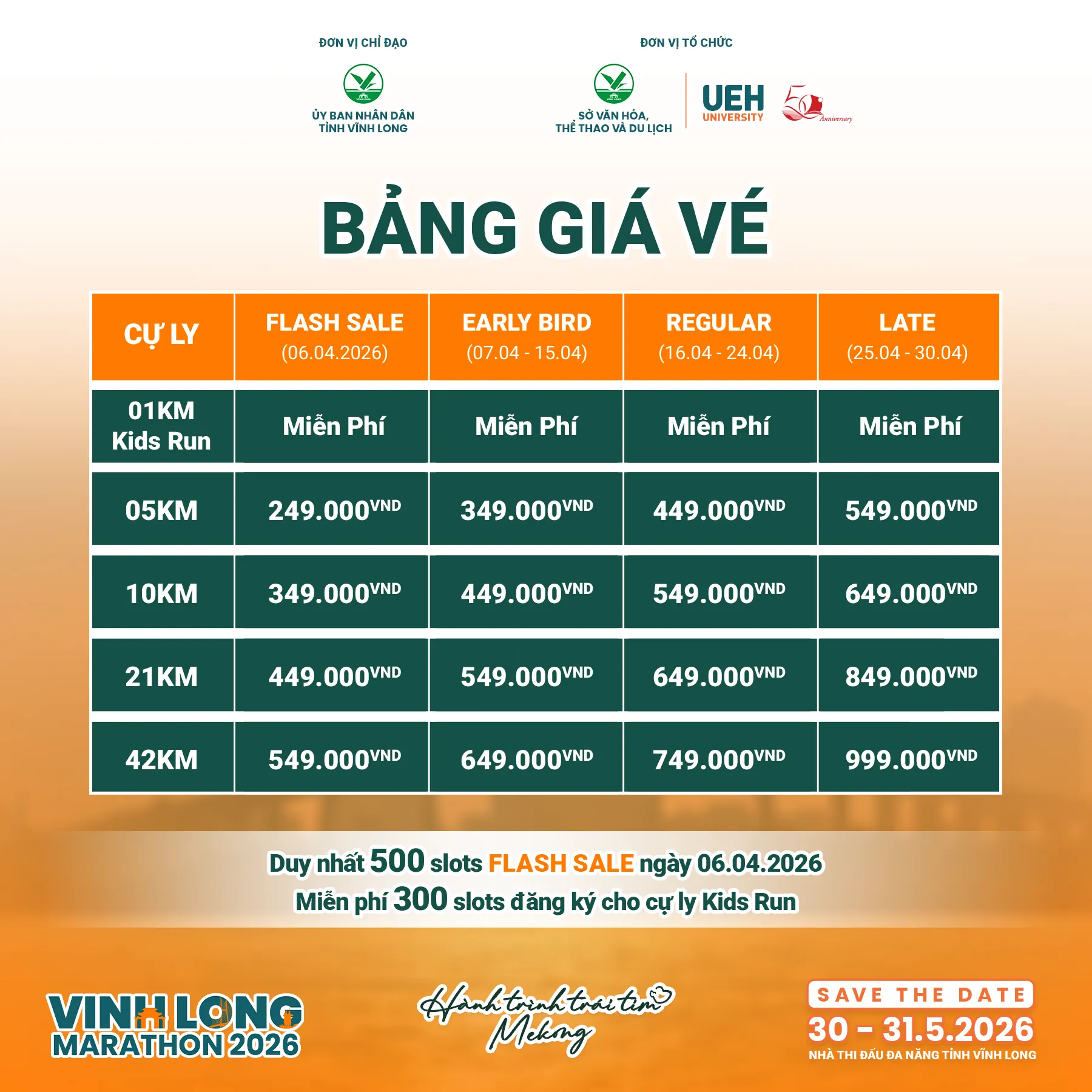 Bảng giá vé Vĩnh Long Marathon 2026