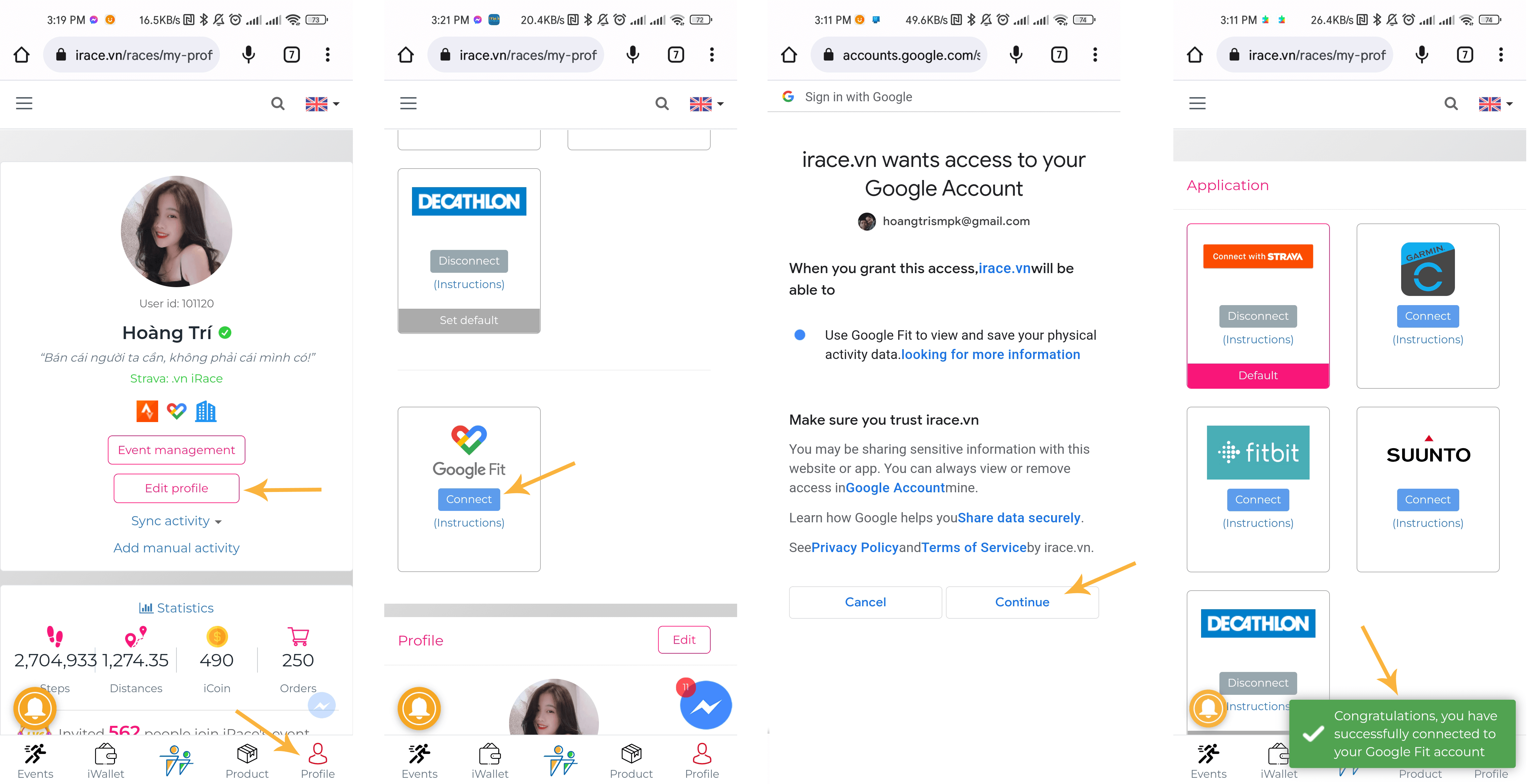 Instructions to connect Google Fit with iRace to participate in walking events