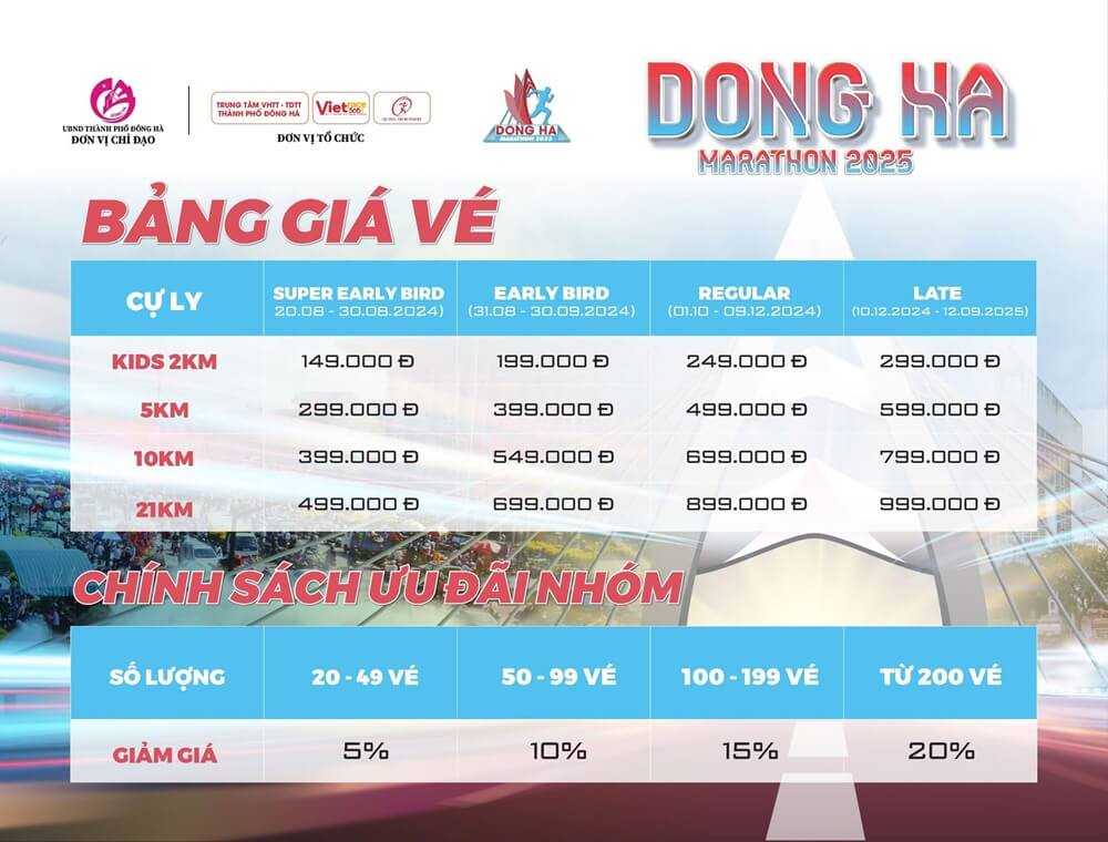 Bảng giá vé ĐÔNG HÀ MARATHON 2025 - BÌNH MINH BÊN DÒNG HIẾU GIANG