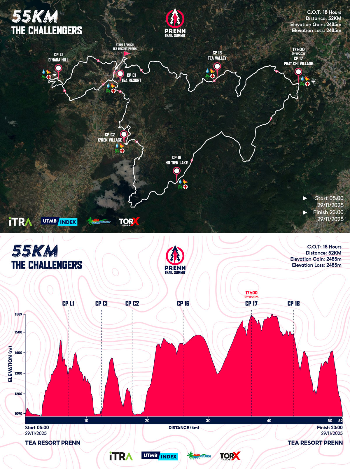 Bản đồ đường chạy 55K Prenn Trail Summit 2025