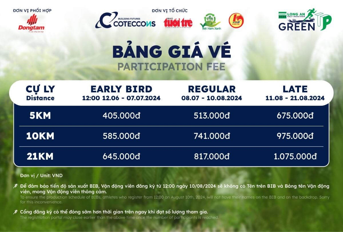 Bảng giá vé GreenUP Marathon: Long An Half Marathon 2024