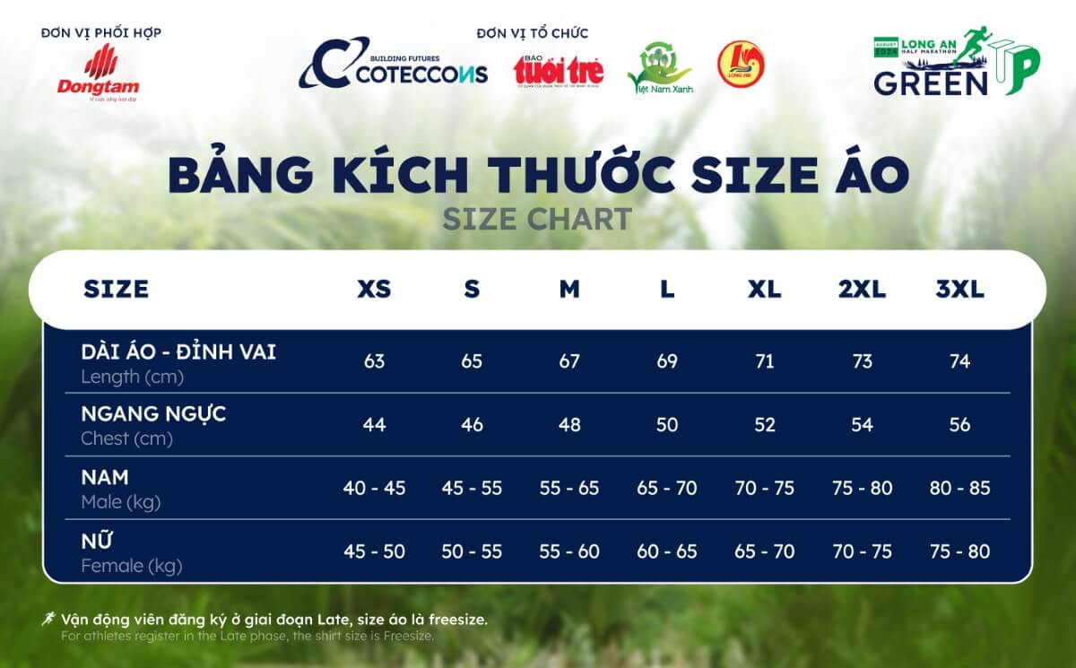 Bảng size áo GreenUP Marathon: Long An Half Marathon 2024