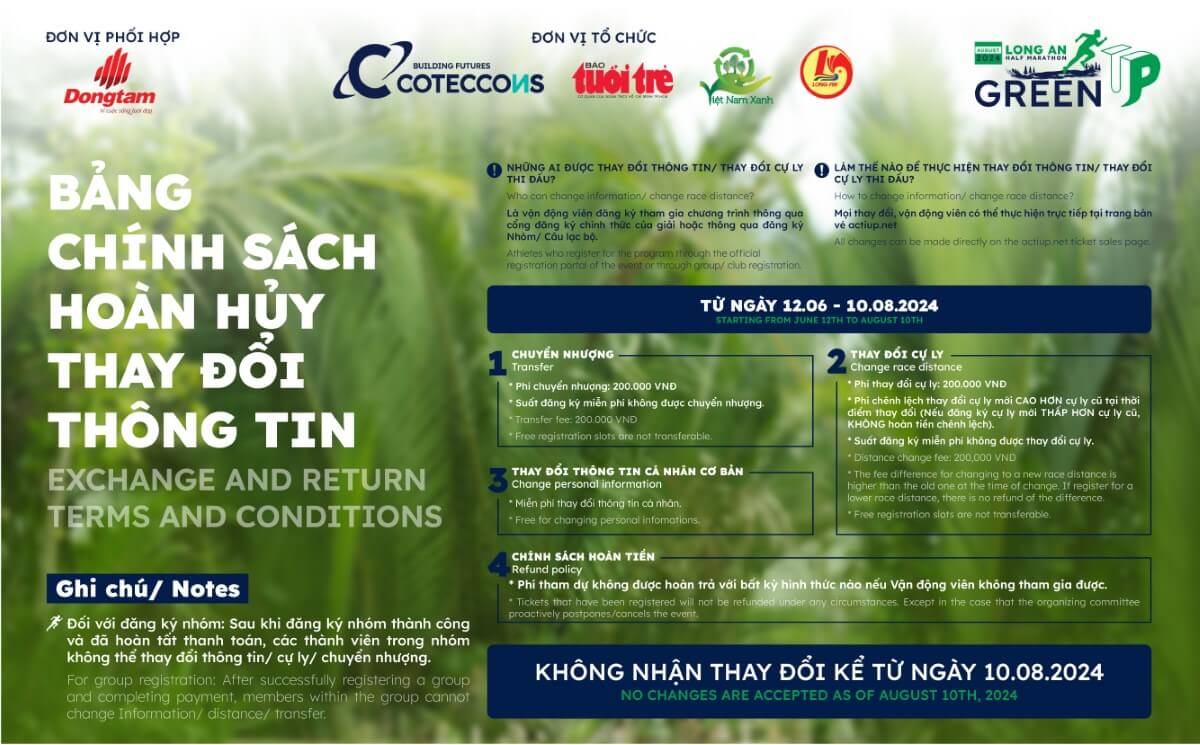 Chính sách hoàn hủy GreenUP Marathon: Long An Half Marathon 2024