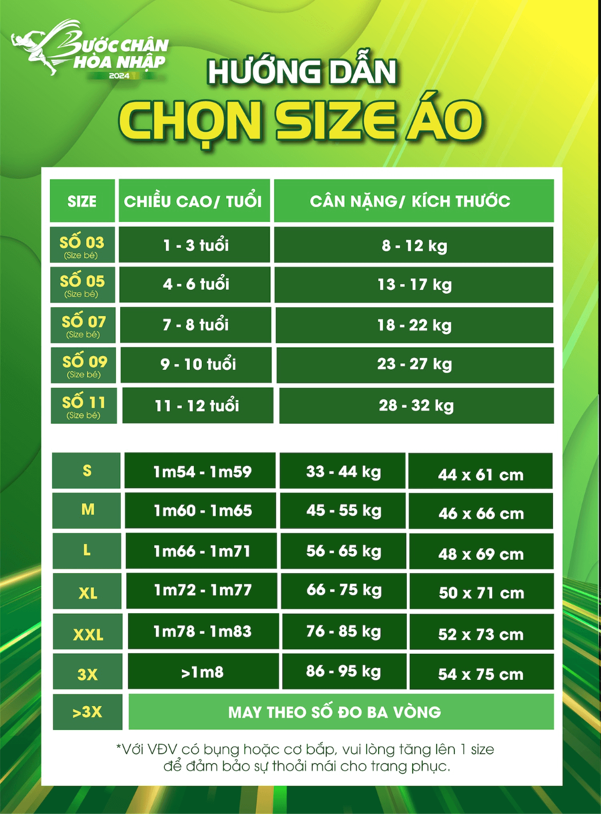 Bảng size áo Bước chân hòa nhập 2024