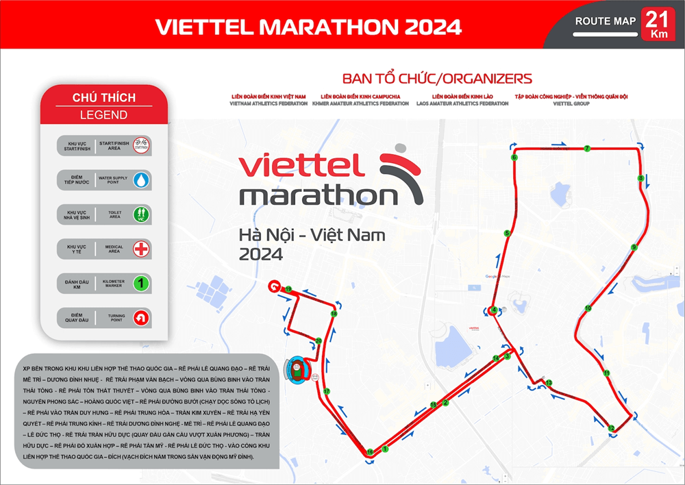 Bản đồ đường chạy 21K Viettel Marathon Hanoi Vietnam 2024