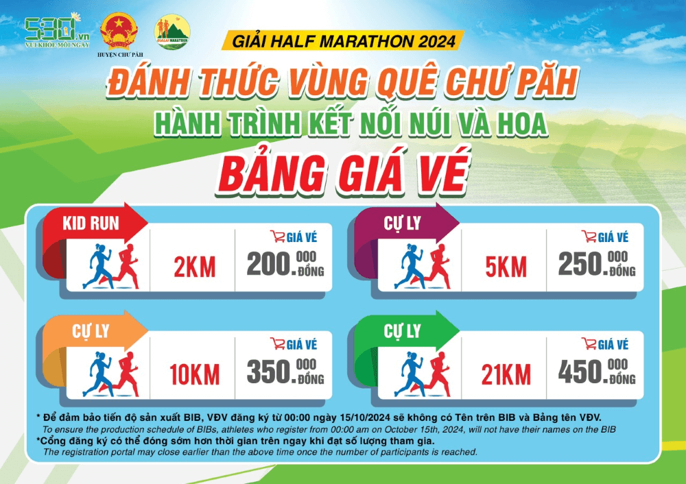 Bảng giá vé Half Marathon “Đánh thức vùng quê Chư Păh – Hành trình kết nối núi và hoa”