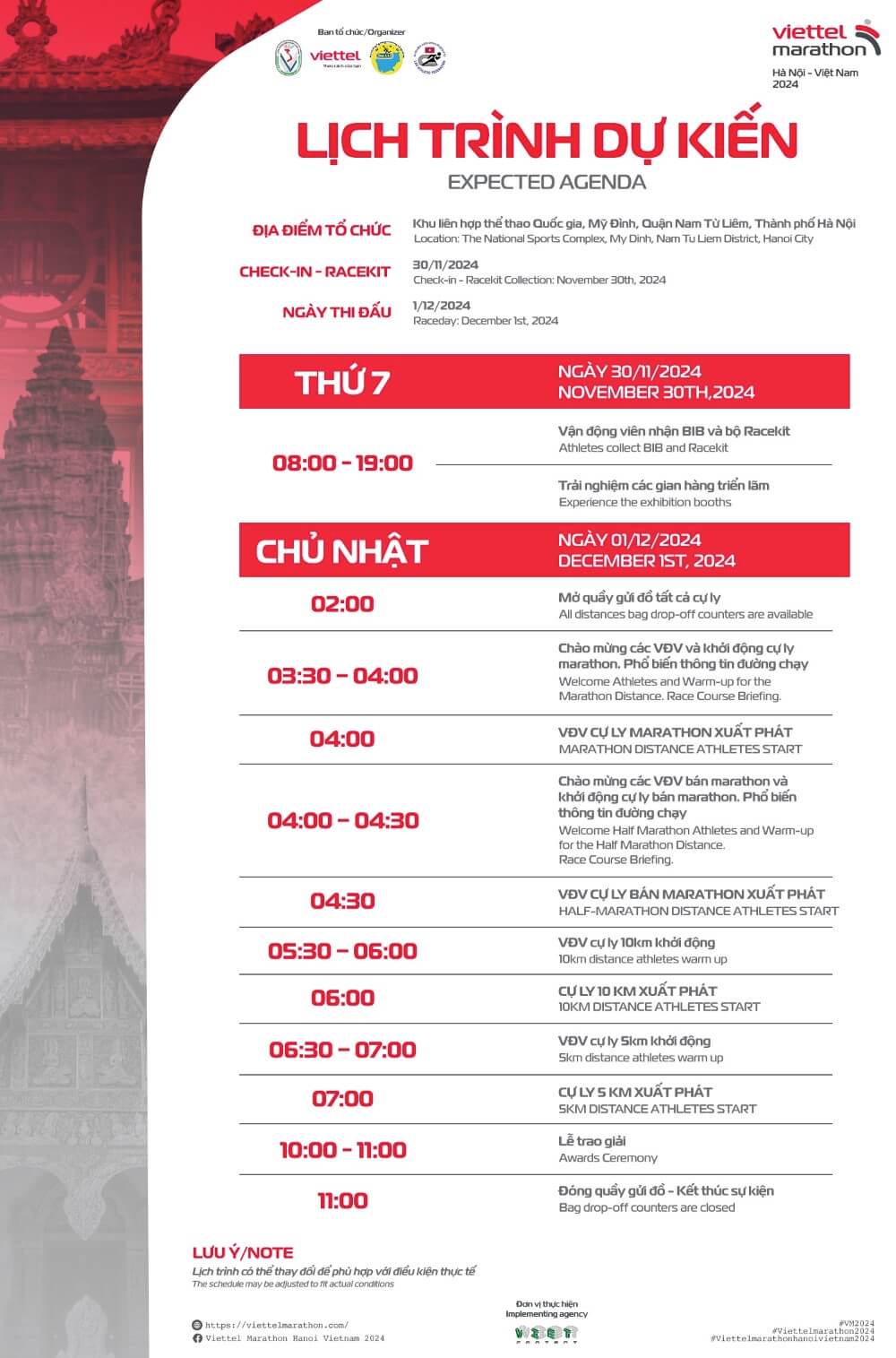 Lịch trình sự kiện Viettel Marathon Hanoi Vietnam 2024