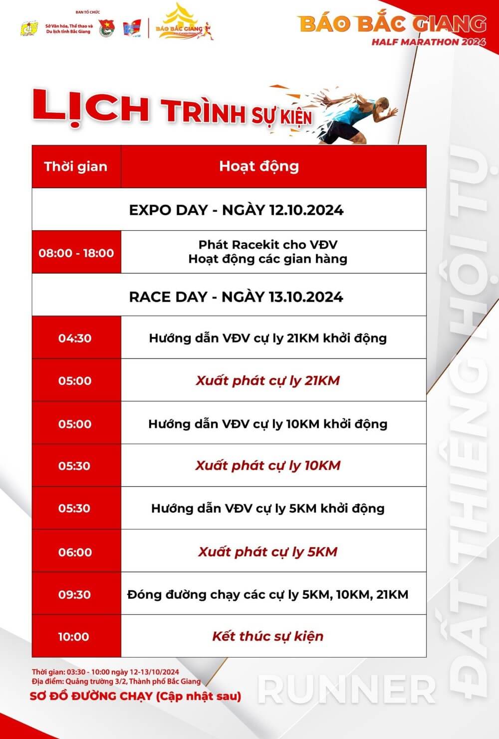 Lịch trình sự kiện Báo Bắc Giang Half Marathon 2024 - Đất Thiêng Hội Tụ