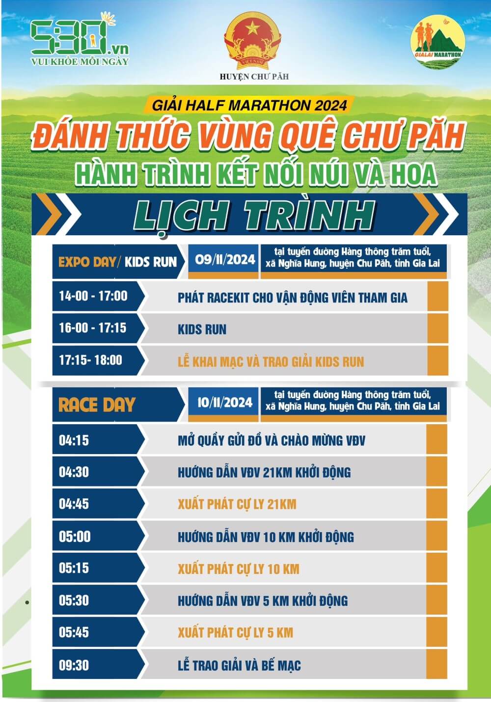 Lịch trình sự kiện Half Marathon “Đánh thức vùng quê Chư Păh – Hành trình kết nối núi và hoa”