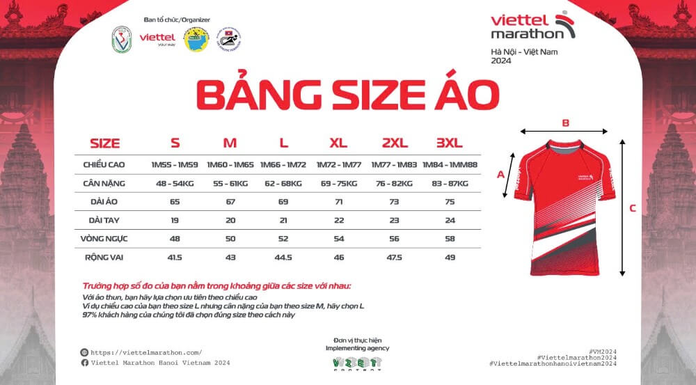 Bảng size áo Viettel Marathon Hanoi Vietnam 2024
