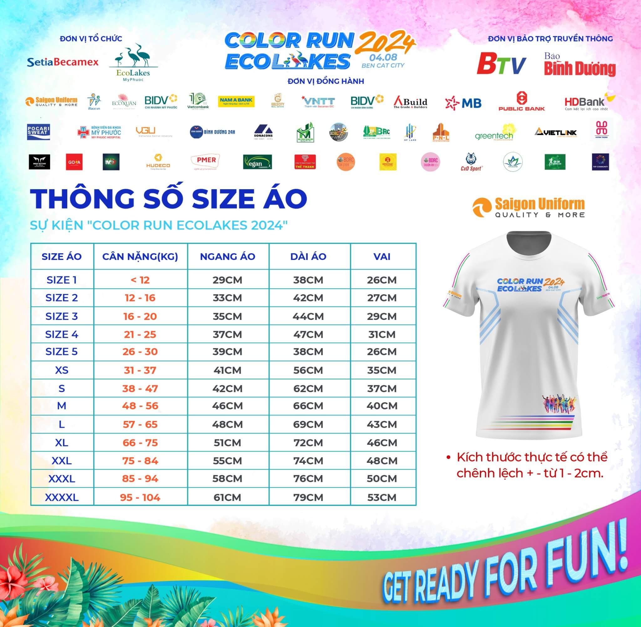 Bảng size áo  Color Run EcoLakes 2024