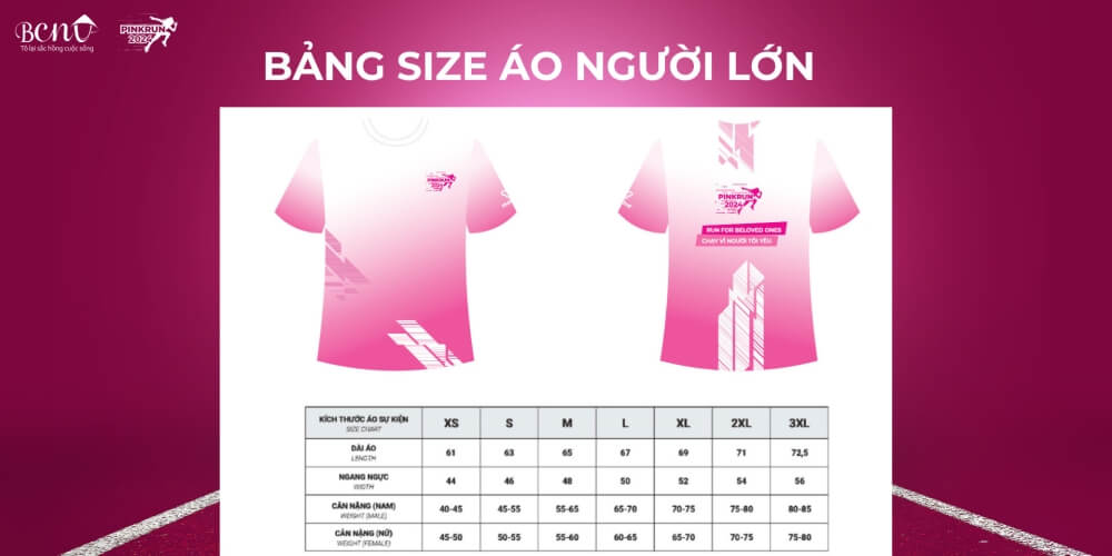 Bảng size áo người lớn Hồng – Pink Run 2024
