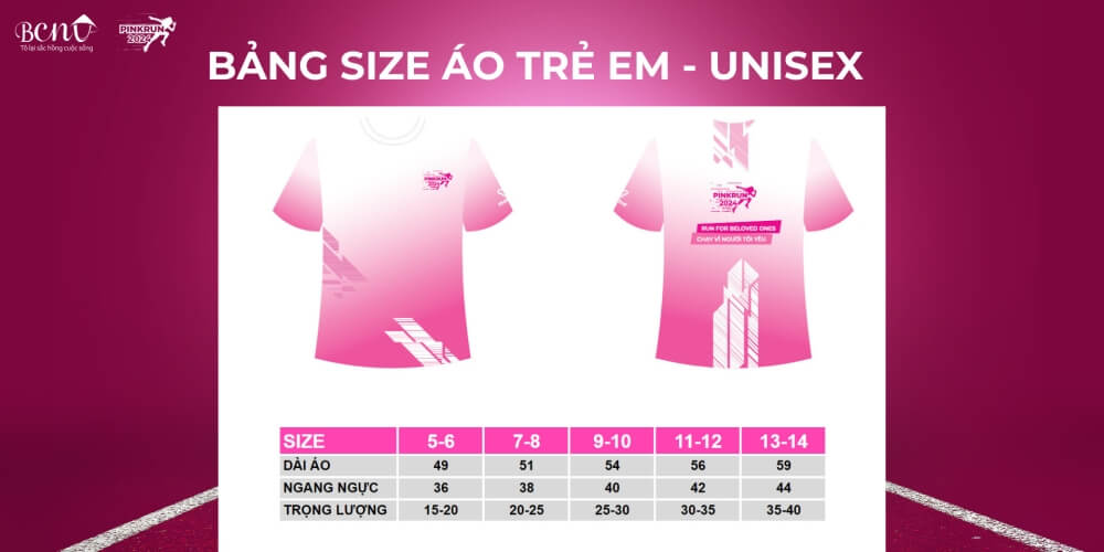 Bảng size áo trẻ em Hồng – Pink Run 2024