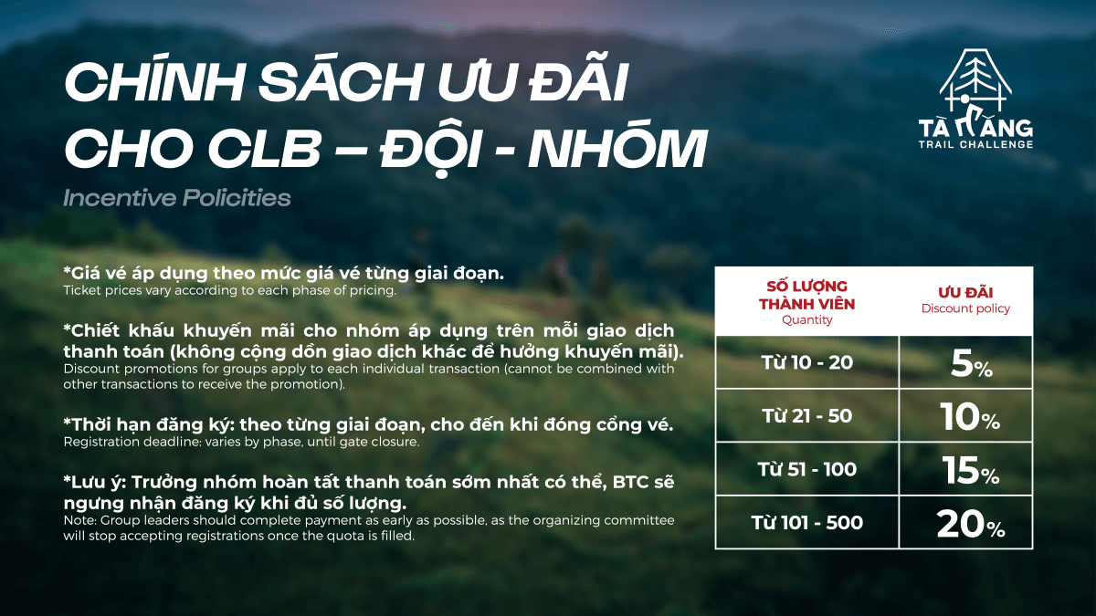 Chính sách mua vé nhóm tà Năng Trail