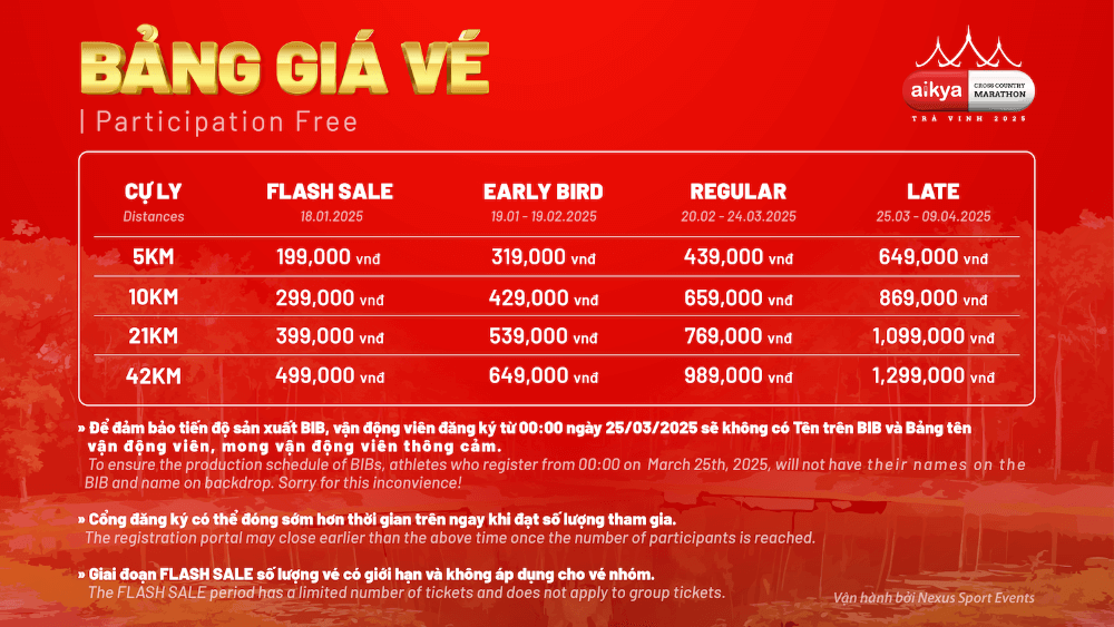 Bảng giá vé Aikya Trà Vinh Cross Country Marathon 2025