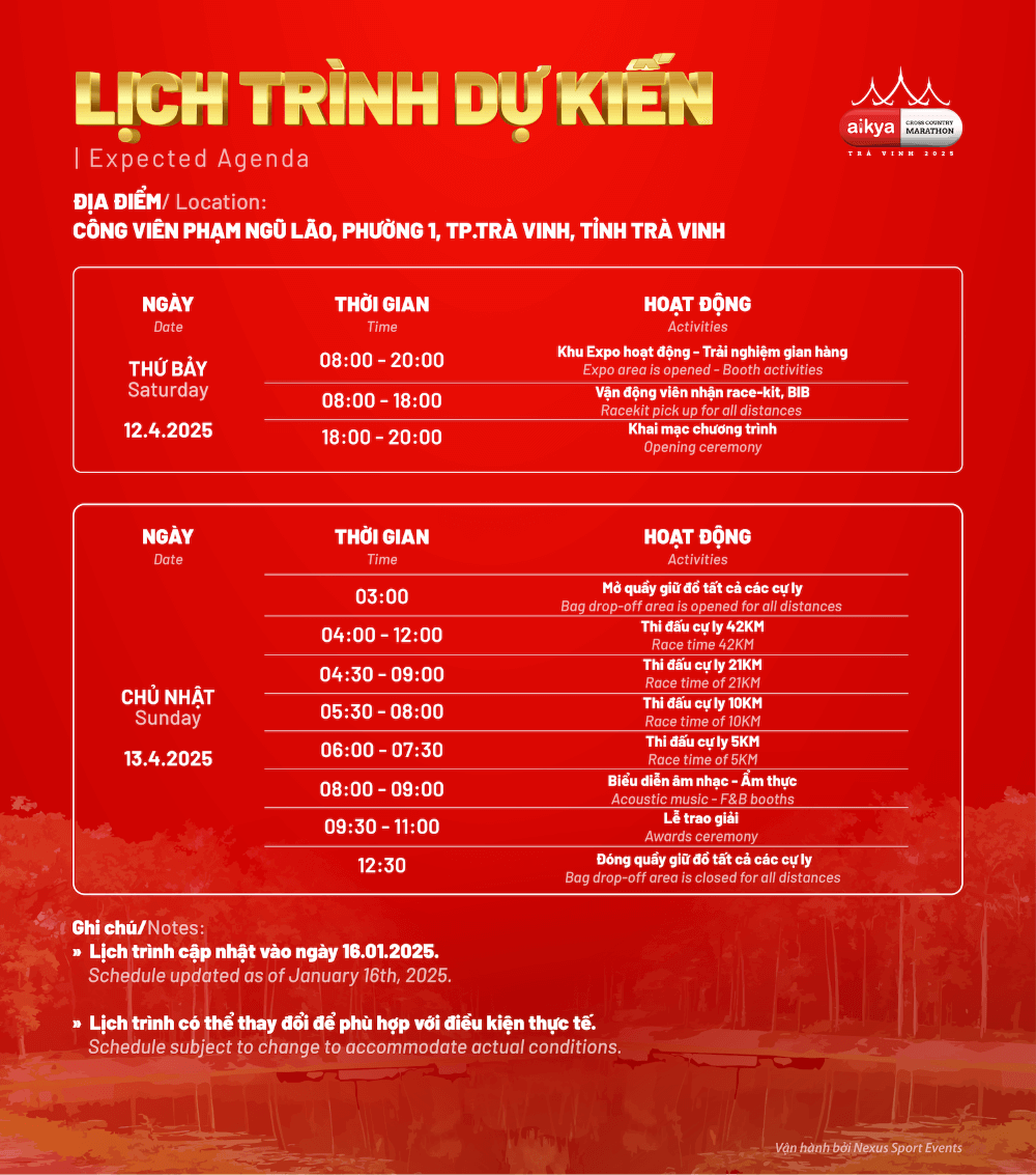 Lịch trình sự kiện Aikya Trà Vinh Cross Country Marathon 2025