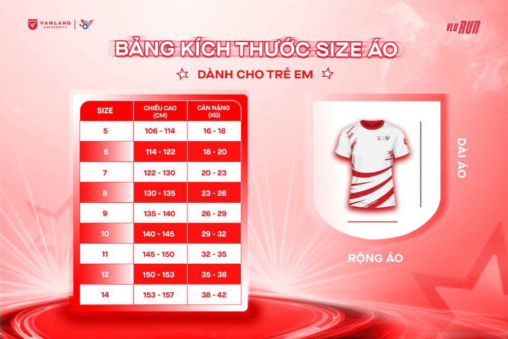 Size áo VLU Run - Văn Lang Hào Khí Vươn Xa