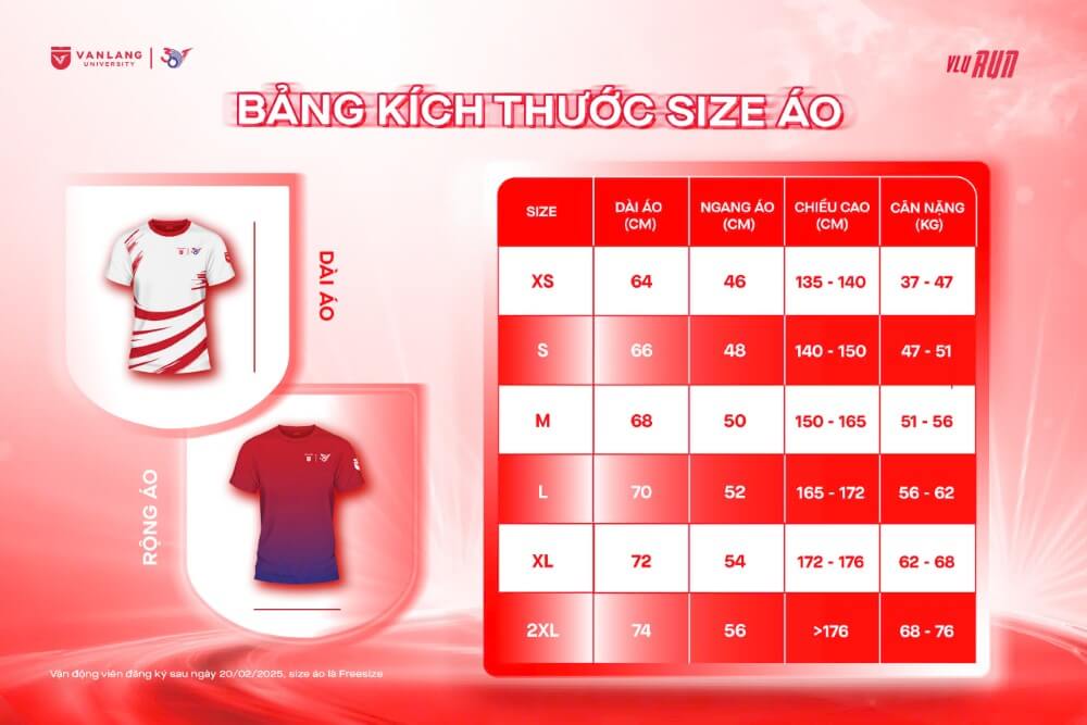 Size áo VLU Run - Văn Lang Hào Khí Vươn Xa