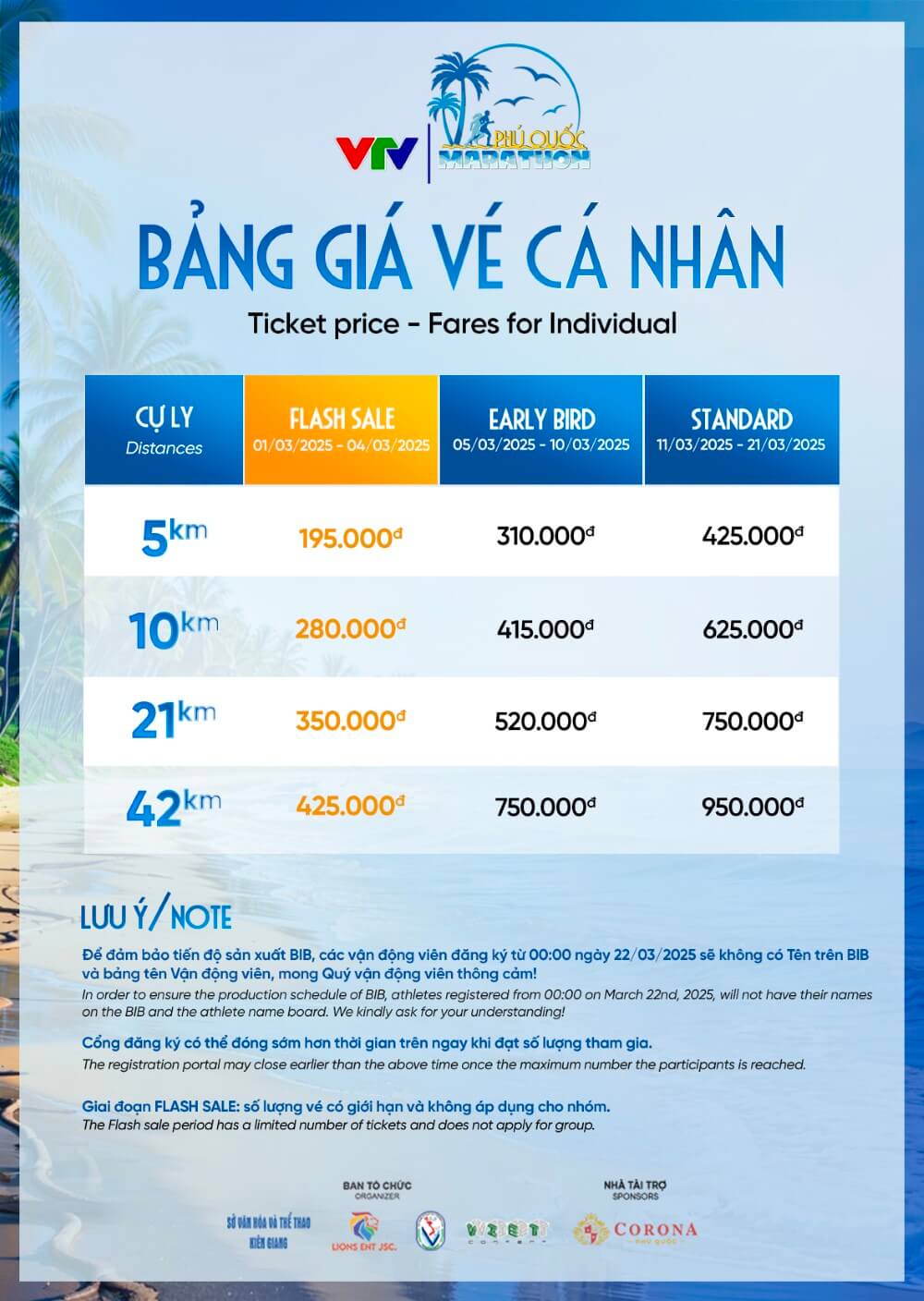Bảng giá vé VTV Phú Quốc Marathon 2025
