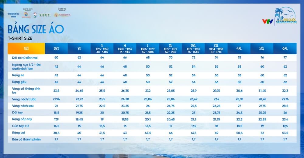 Bảng size áo VTV Phú Quốc Marathon 2025