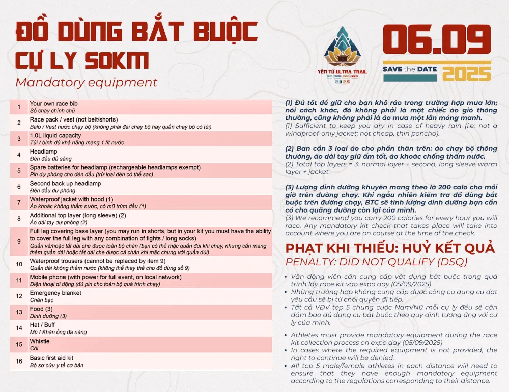 Đồ dùng bắt buộc Yên Tử Ultra Trail 2025