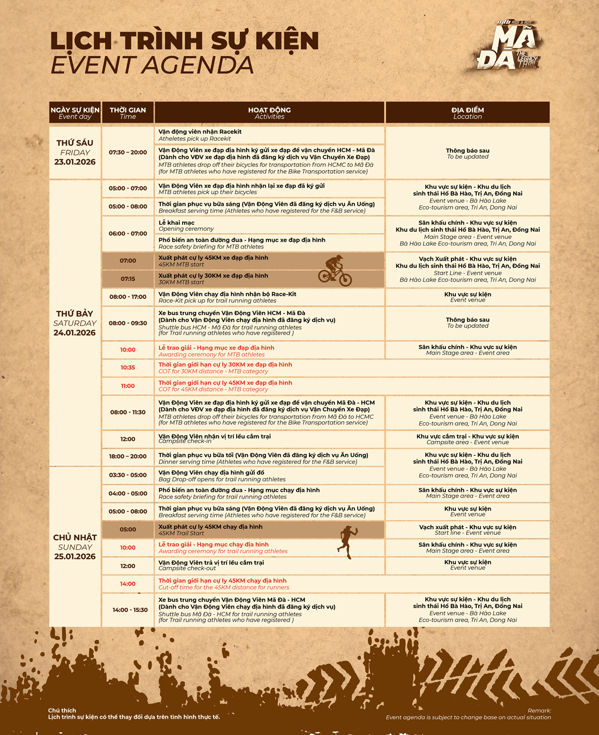 Lịch trình sự kiện