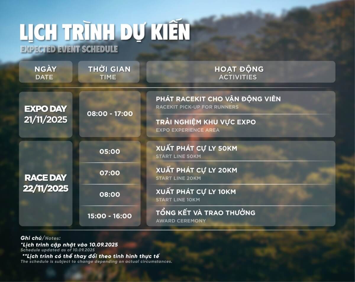 Lịch trình sự kiện