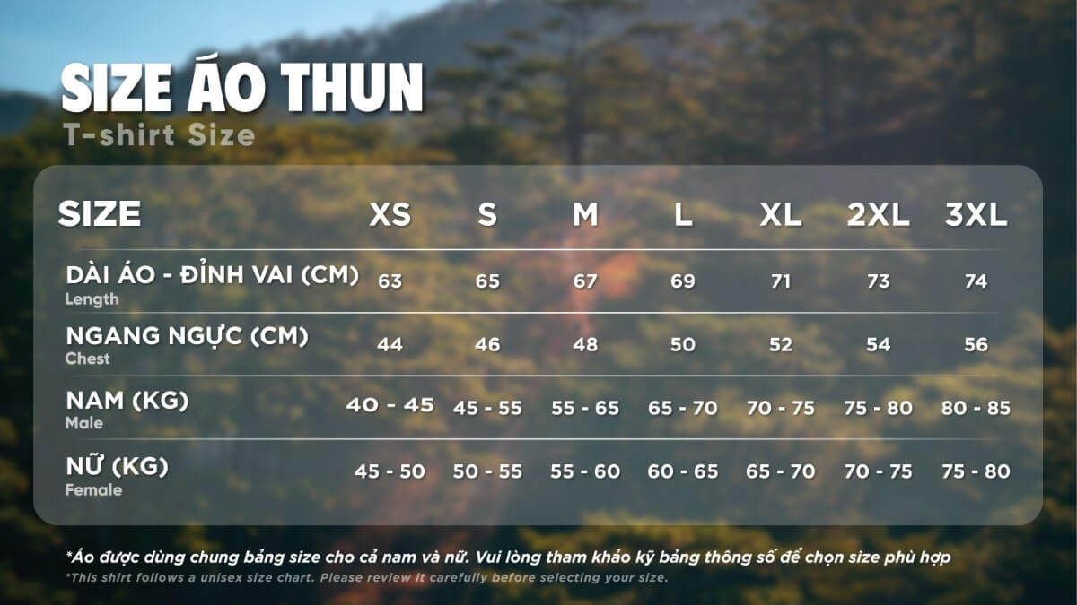 Bảng size áo