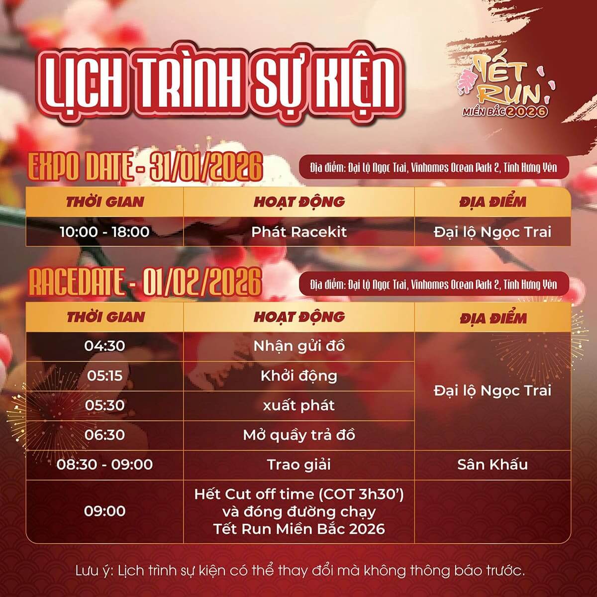 Lịch trình TẾT RUN MIỀN BẮC 2026