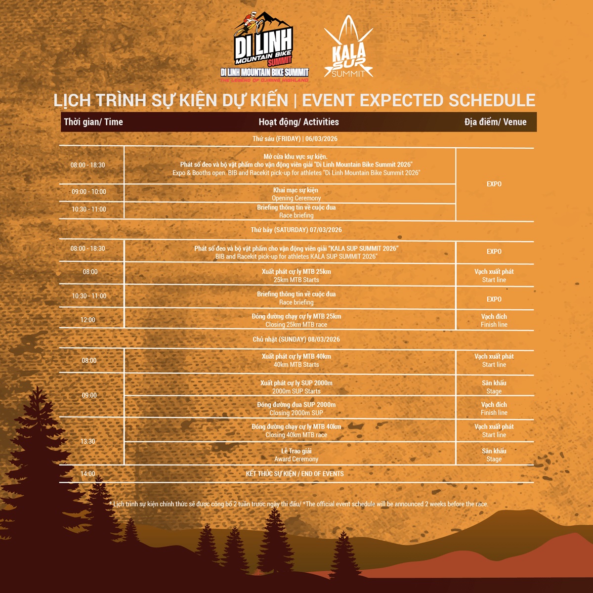 Lịch trình Di Linh Mountain Bike Summit 2026