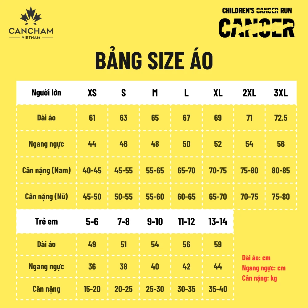 Bảng size &aacute;o