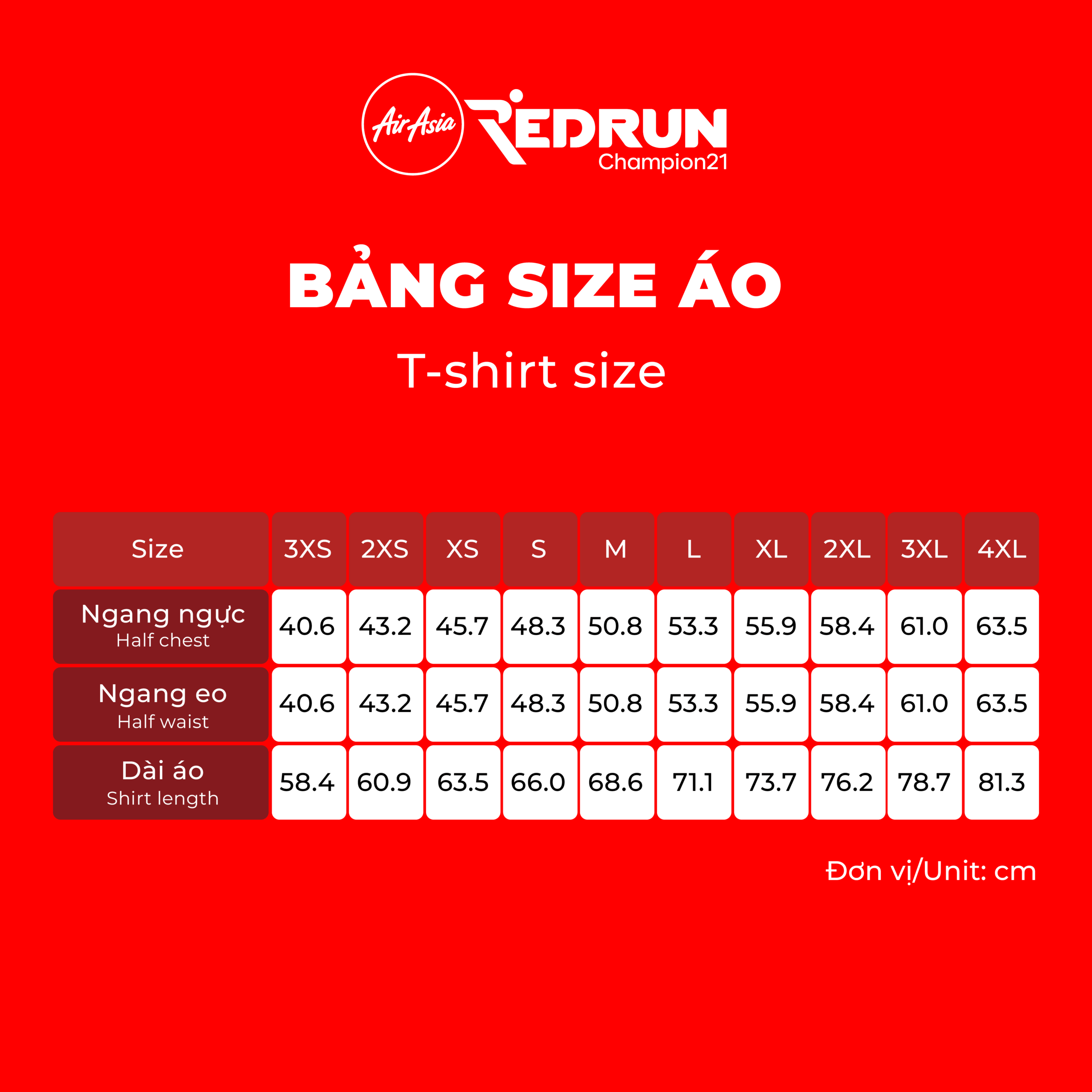 Bảng size áo AirAsia Red Run Đà Nẵng 2026