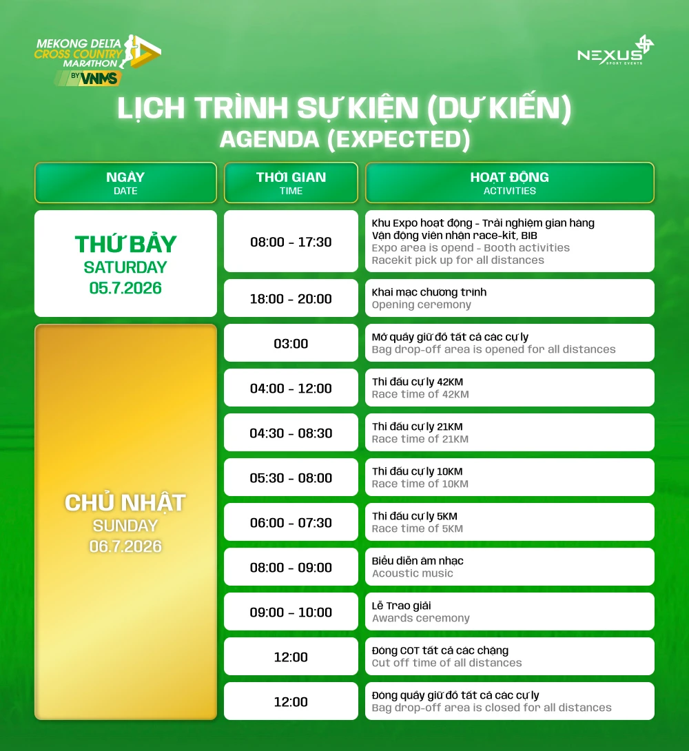 Lịch trình Mekong Delta Cross Country Marathon 2026