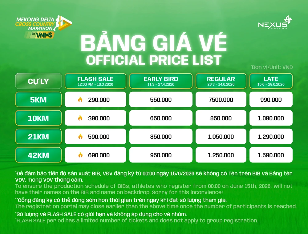 Bảng giá vé Mekong Delta Cross Country Marathon 2026