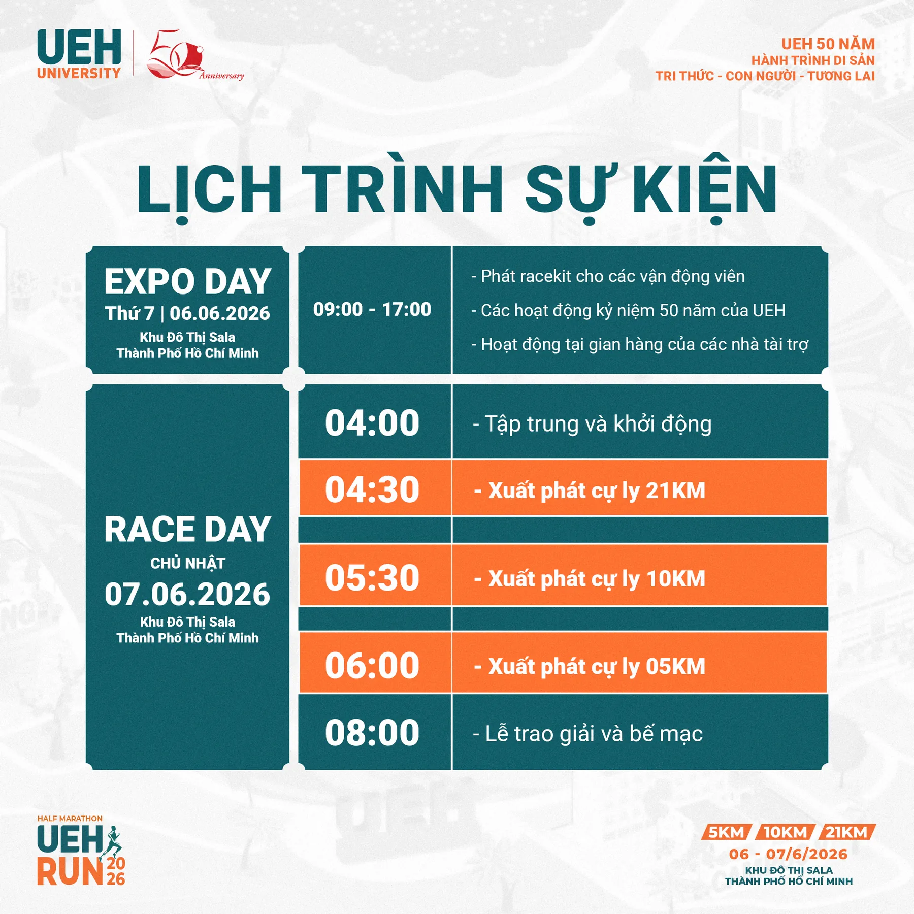 Lịch trình sự kiện UEH Run Half Marathon 2026