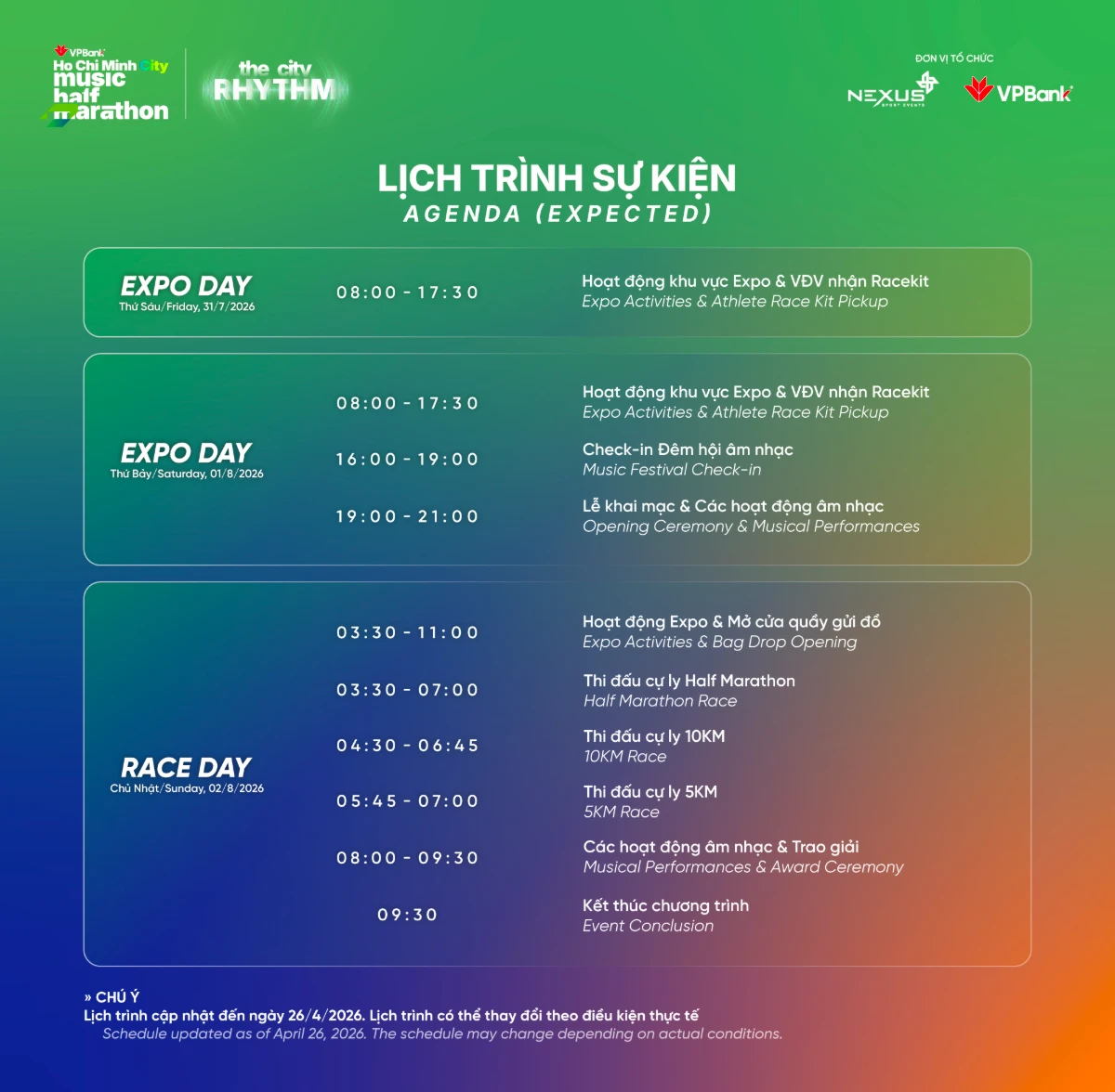 Lịch tr&igrave;nh sự kiện