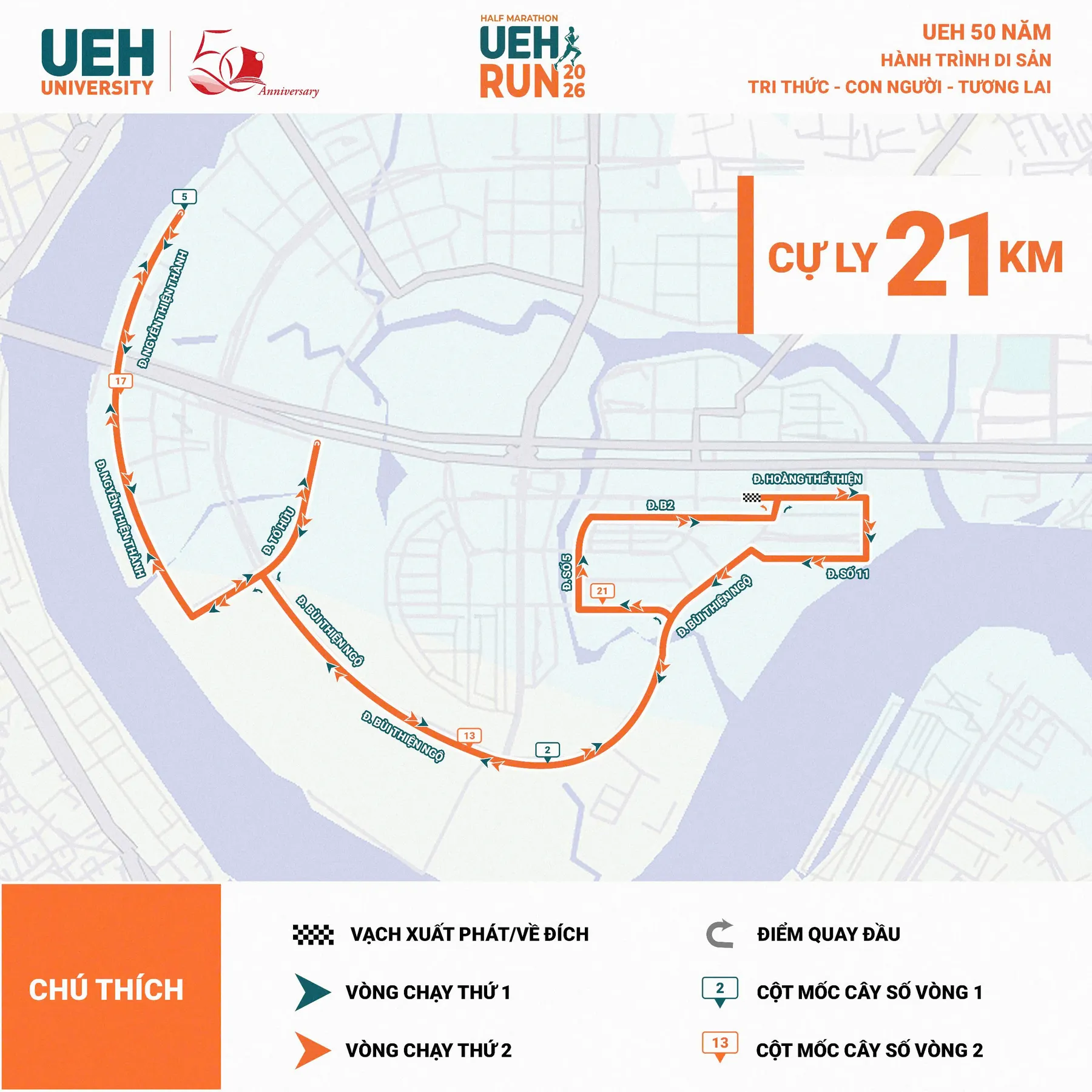 Bản đồ đường chạy 21K  UEH Run Half Marathon 2026