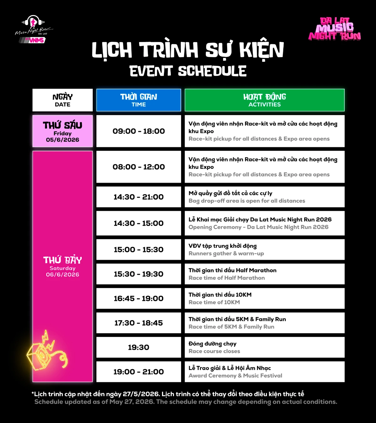 Lịch trình sự kiện